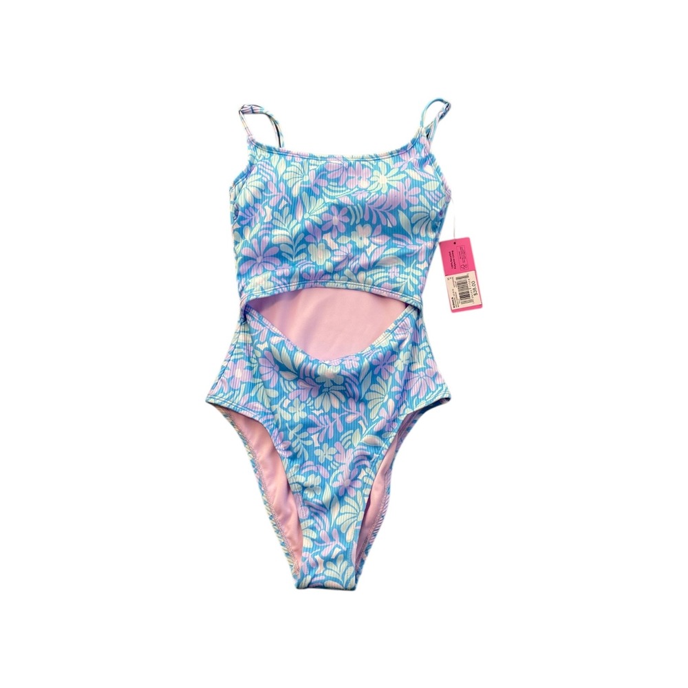 NINETY-NINE Floral Cutout One Piece Swimsuit Ribbed Blue Pink Purple XS